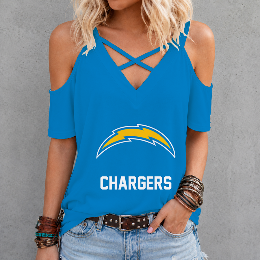 LIMITED EDITION - NEW CUSTOMIZED NFL09 LAC LOS ANGELES CHARGERS CRISS CROSS V-NECK TOP