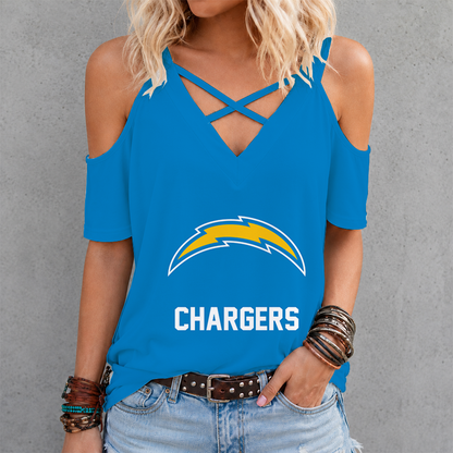 LIMITED EDITION - NEW CUSTOMIZED NFL09 LAC LOS ANGELES CHARGERS CRISS CROSS V-NECK TOP