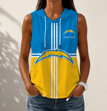 LIMITED EDITION - NEW CUSTOMIZED NFL09 LAC LOS ANGELES CHARGERS WOMEN'S SLEEVELESS HOODED POCKET TANK TOP