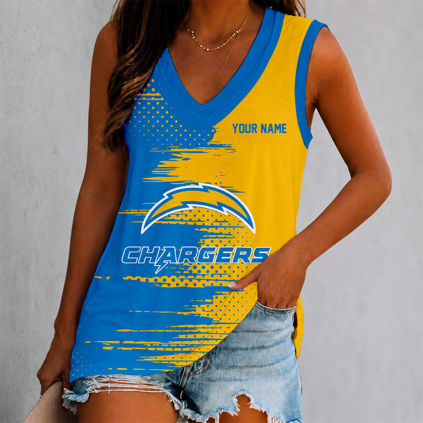 LIMITED EDITION - NEW CUSTOMIZED NFL09 LAC LOS ANGELES CHARGERS WOMEN'S V-NECK TANK TOP