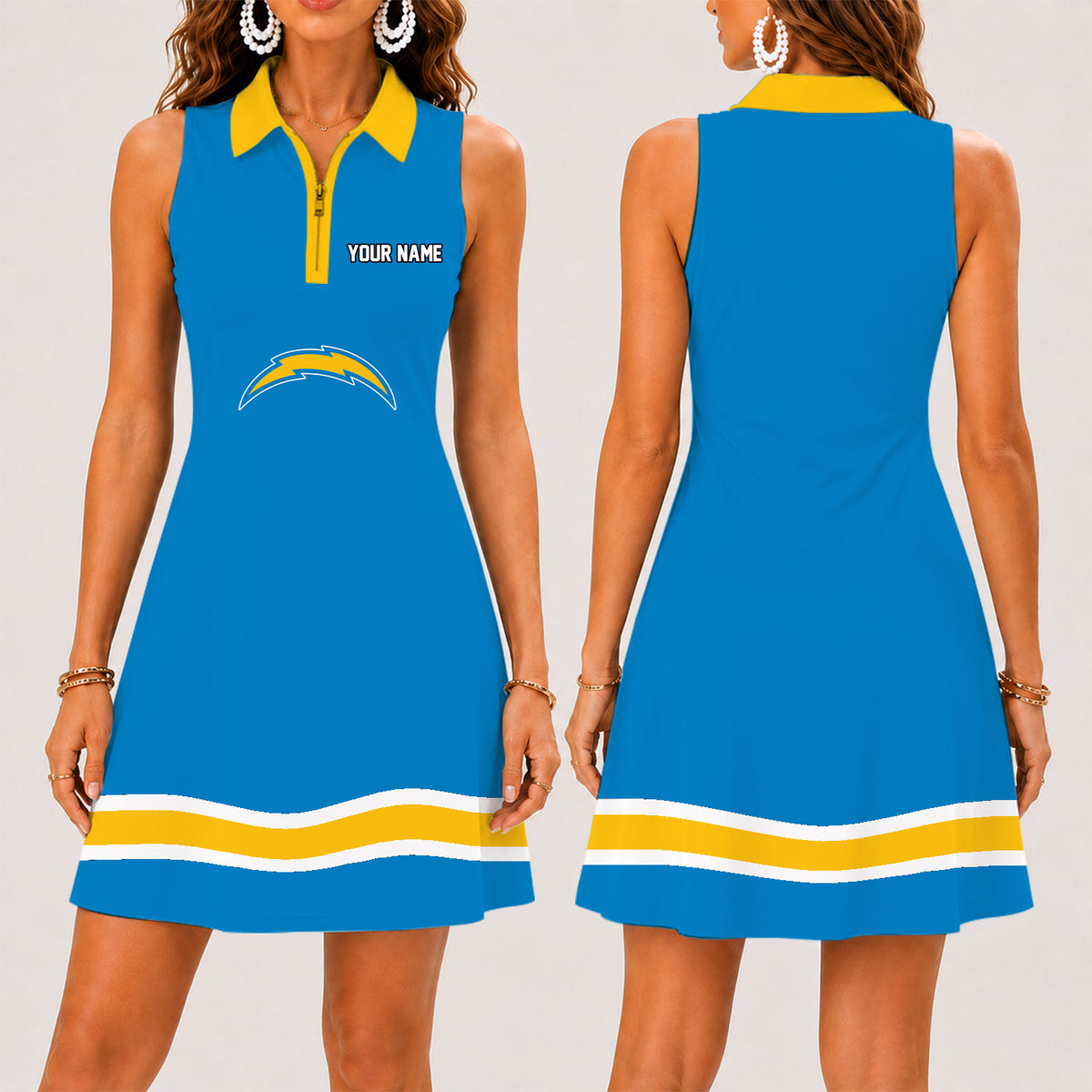 [SPECIAL OFFER] NEW CUSTOMIZED NFL09 LAC LOS ANGELES CHARGERS WOMEN'S ZIP SLEEVELESS POLO DRESS