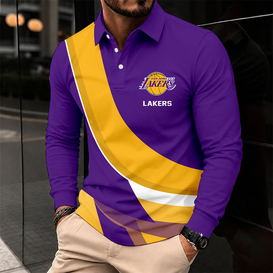 [HOT DEAL] NEW CUSTOMIZED NBA09 LLA LOS ANGELES LAKERS MEN LONG SLEEVE POLO