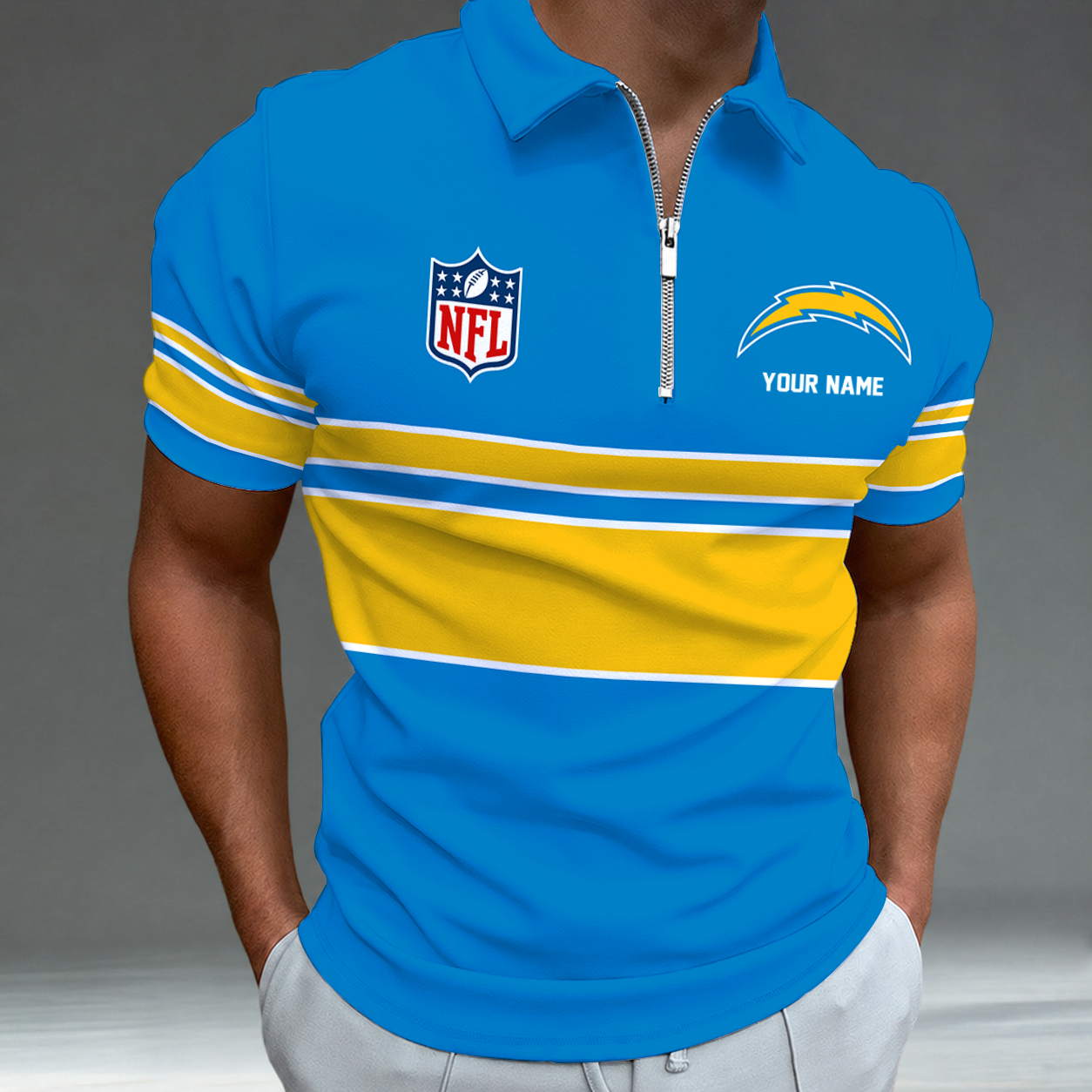 [SPECIAL OFFER] NEW CUSTOMIZED NFL09 LAC LOS ANGELES CHARGERS ZIP POLO SHIRT