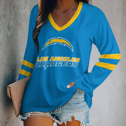 LIMITED EDITION - NEW CUSTOMIZED NFL09 LAC LOS ANGELES CHARGERS WOMEN'S V-NECK LONG SLEEVED SHIRT