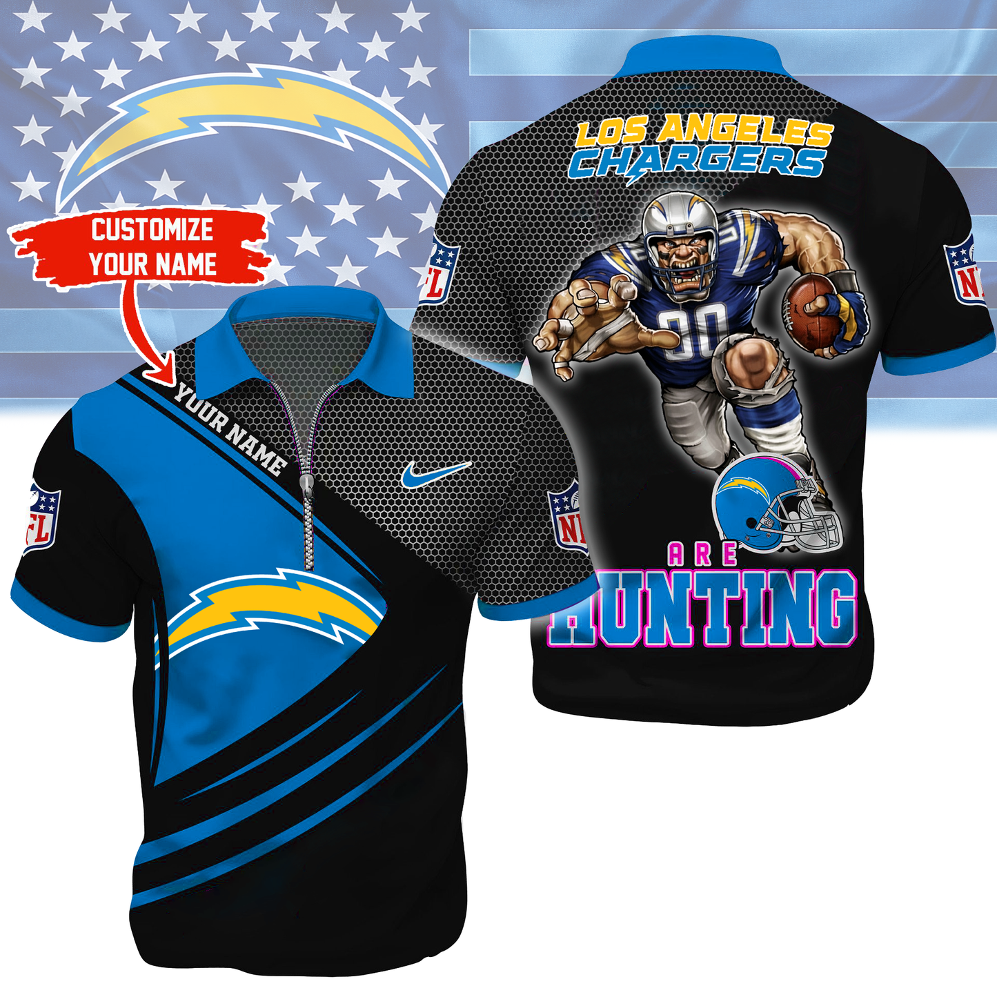 LIMITED EDITION - NEW CUSTOMIZED NFL09 LAC LOS ANGELES CHARGERS HARLEY-DAVIDSON POLO WITH ZIPPER SHIRT