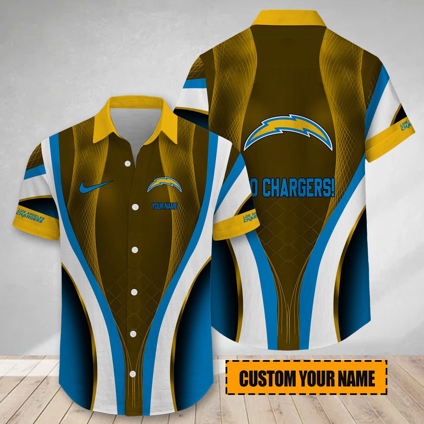 LIMITED EDITION - NEW CUSTOMIZED NFL09 LAC LOS ANGELES CHARGERS SHORT SLEEVE BUTTON-UP SHIRT