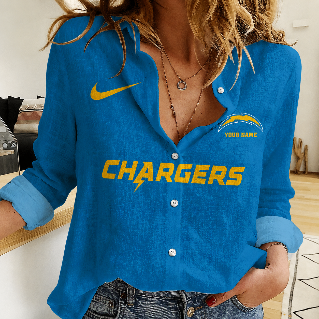 LIMITED EDITION - NEW CUSTOMIZED NFL09 LAC LOS ANGELES CHARGERS WOMEN CASUAL SHIRT