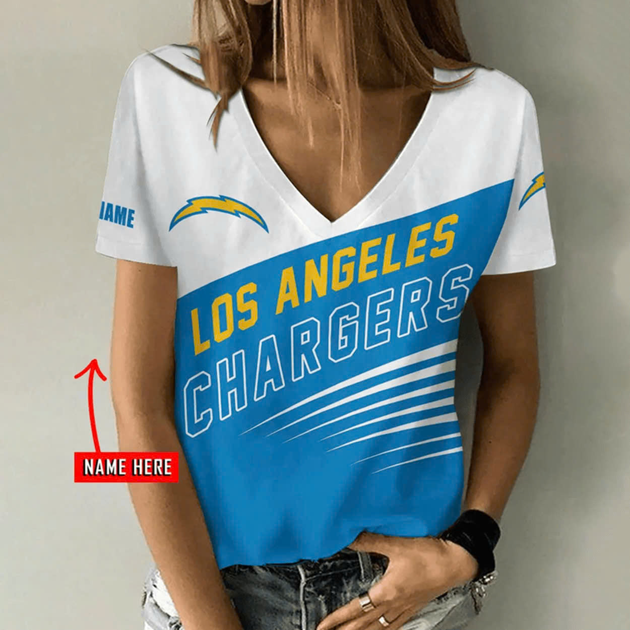 [SPECIAL OFFER] NEW CUSTOMIZED NFL09 LAC LOS ANGELES CHARGERS V-NECK FEMALE SHIRT