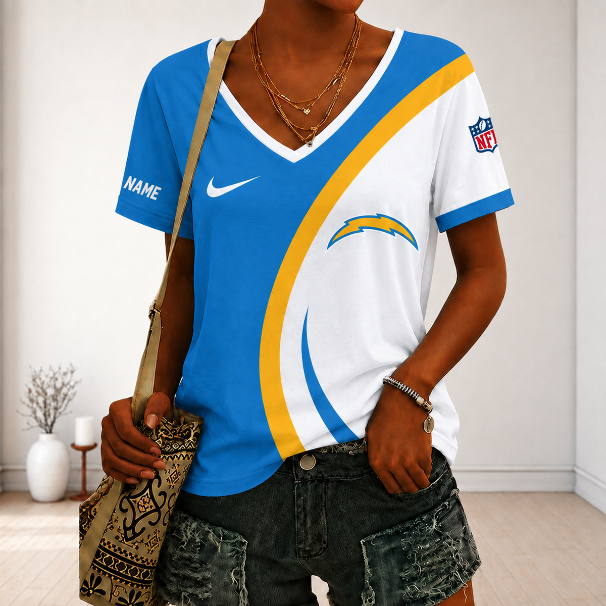 LIMITED EDITION - NEW CUSTOMIZED NFL09 LAC LOS ANGELES CHARGERS V-NECK FEMALE SHIRT