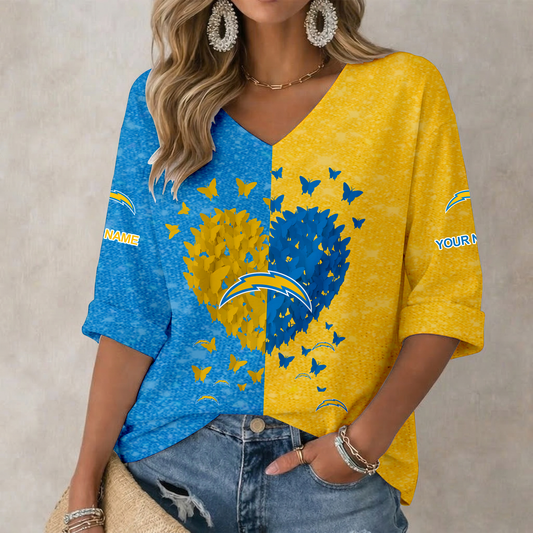 LIMITED EDITION - NEW CUSTOMIZED NFL09 LAC LOS ANGELES CHARGERS WOMEN'S HEART V-NECK LONG SLEEVE SHIRT