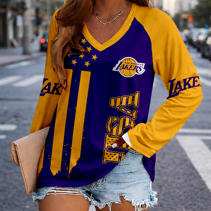 LIMITED EDITION - NEW CUSTOMIZED NBA09 LLA LOS ANGELES LAKERS WOMEN'S V-NECK LONG SLEEVED SHIRT