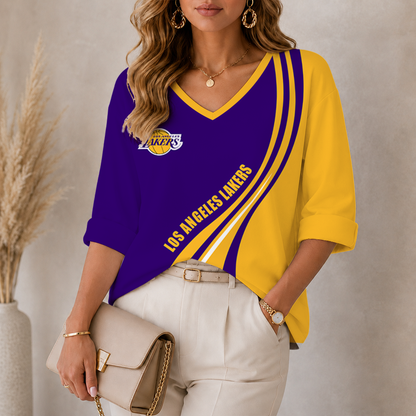 [HOT DEAL] NEW CUSTOMIZED NBA09 LLA LOS ANGELES LAKERS WOMEN'S HEART V-NECK LONG SLEEVE SHIRT