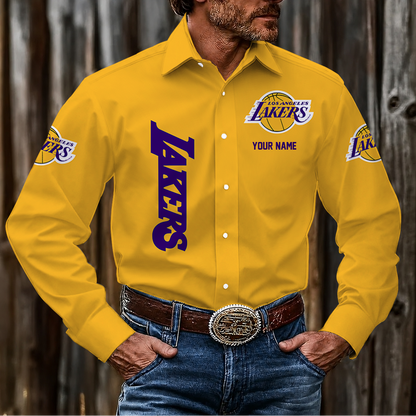 LIMITED EDITION - NEW CUSTOMIZED NBA09 LLA LOS ANGELES LAKERS MEN'S LONG SLEEVE BUTTON-UP SHIRT