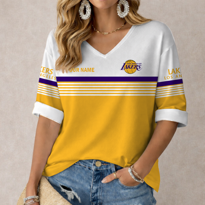 LIMITED EDITION - NEW CUSTOMIZED NBA09 LLA LOS ANGELES LAKERS WOMEN'S HEART V-NECK LONG SLEEVE SHIRT