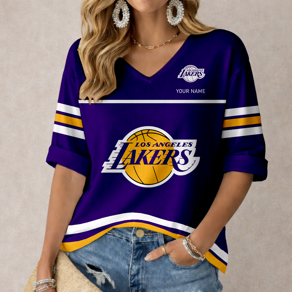 LIMITED EDITION - NEW CUSTOMIZED NBA09 LLA LOS ANGELES LAKERS WOMEN'S HEART V-NECK LONG SLEEVE SHIRT