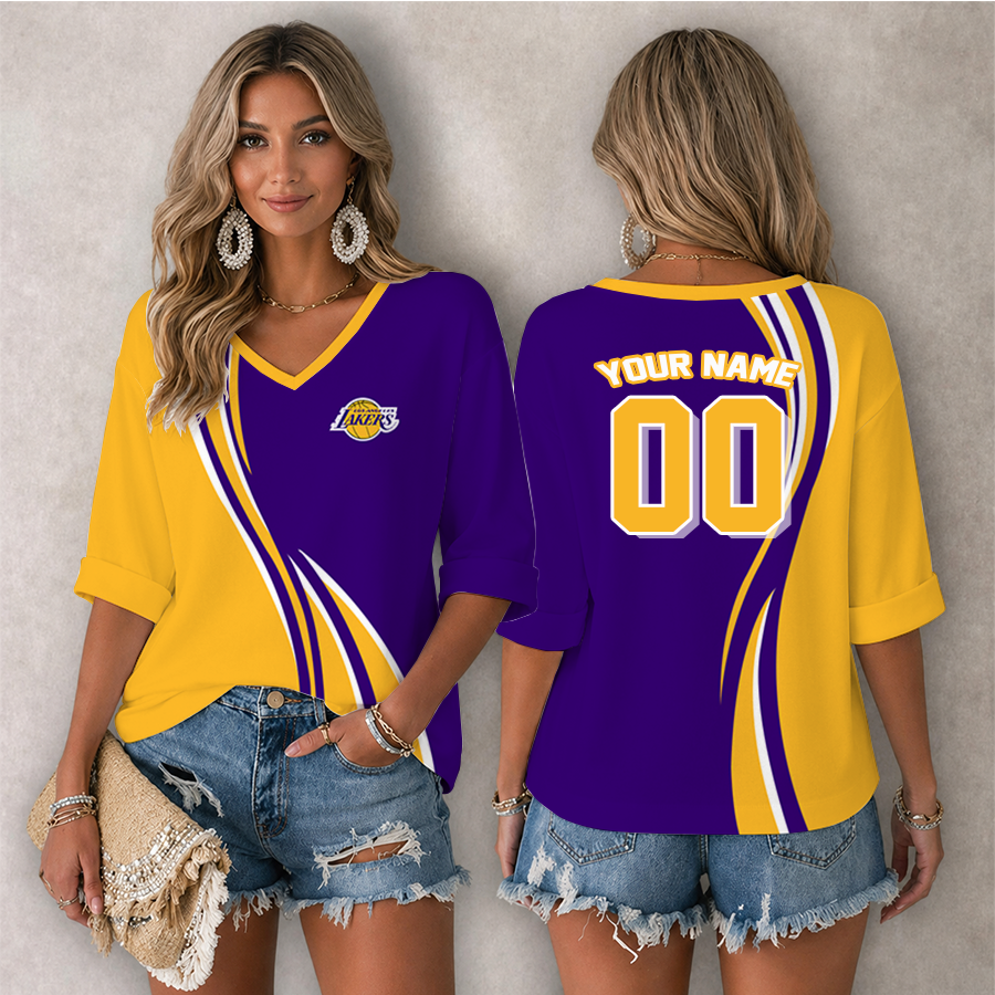LIMITED EDITION - NEW CUSTOMIZED NBA09 LLA LOS ANGELES LAKERS WOMEN'S HEART V-NECK LONG SLEEVE SHIRT