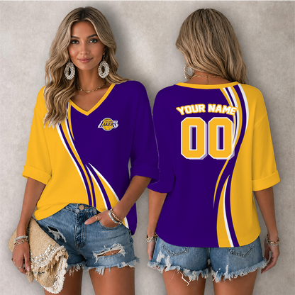 LIMITED EDITION - NEW CUSTOMIZED NBA09 LLA LOS ANGELES LAKERS WOMEN'S HEART V-NECK LONG SLEEVE SHIRT