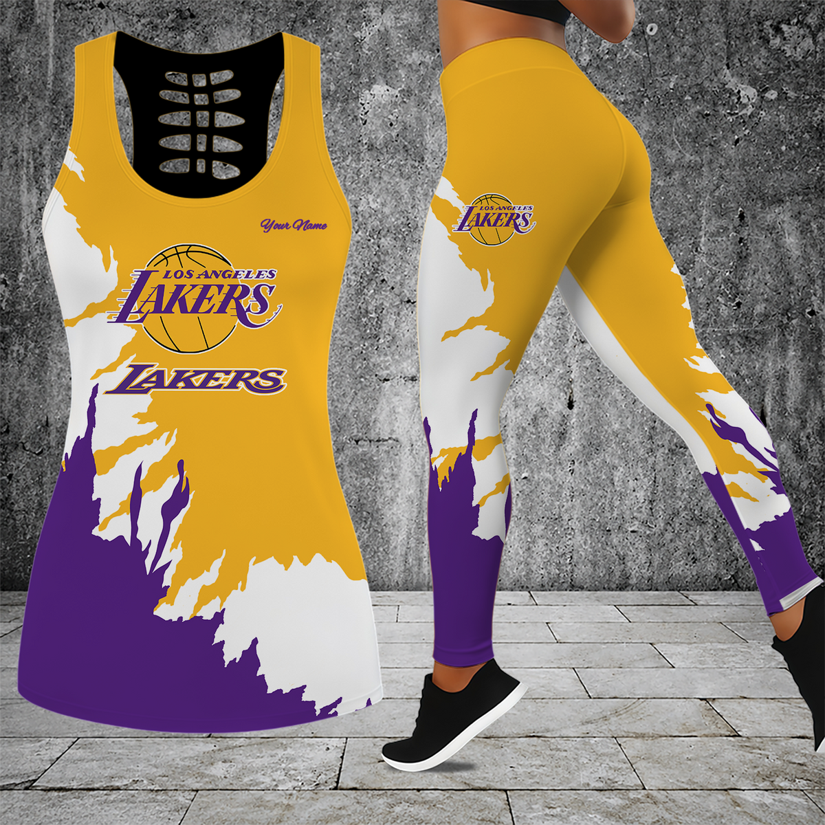 [HOT DEAL] NEW CUSTOMIZED NBA09 LLA LOS ANGELES LAKERS HOLLOW TANK TOP & LEGGINGS SET