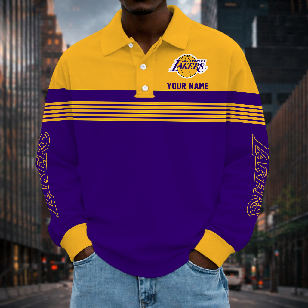 ELITE EDITION - NEW CUSTOMIZED NBA09 LLA LOS ANGELES LAKERS MEN LONG SLEEVE POLO