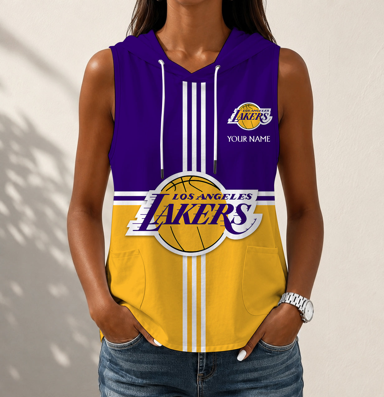 LIMITED EDITION - NEW CUSTOMIZED NBA09 LLA LOS ANGELES LAKERS WOMEN'S SLEEVELESS HOODED POCKET TANK TOP