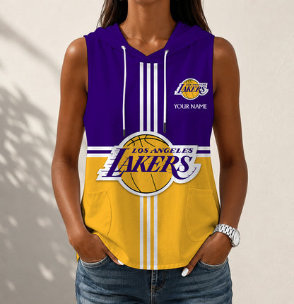 LIMITED EDITION - NEW CUSTOMIZED NBA09 LLA LOS ANGELES LAKERS WOMEN'S SLEEVELESS HOODED POCKET TANK TOP