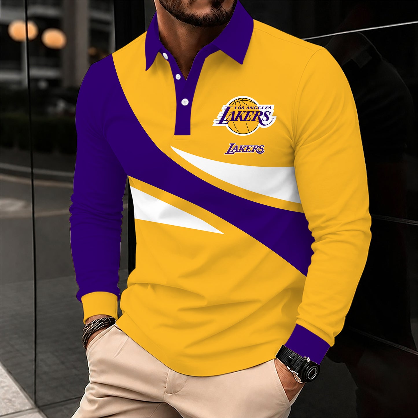 [HOT DEAL] NEW CUSTOMIZED NBA09 LLA LOS ANGELES LAKERS MEN LONG SLEEVE POLO