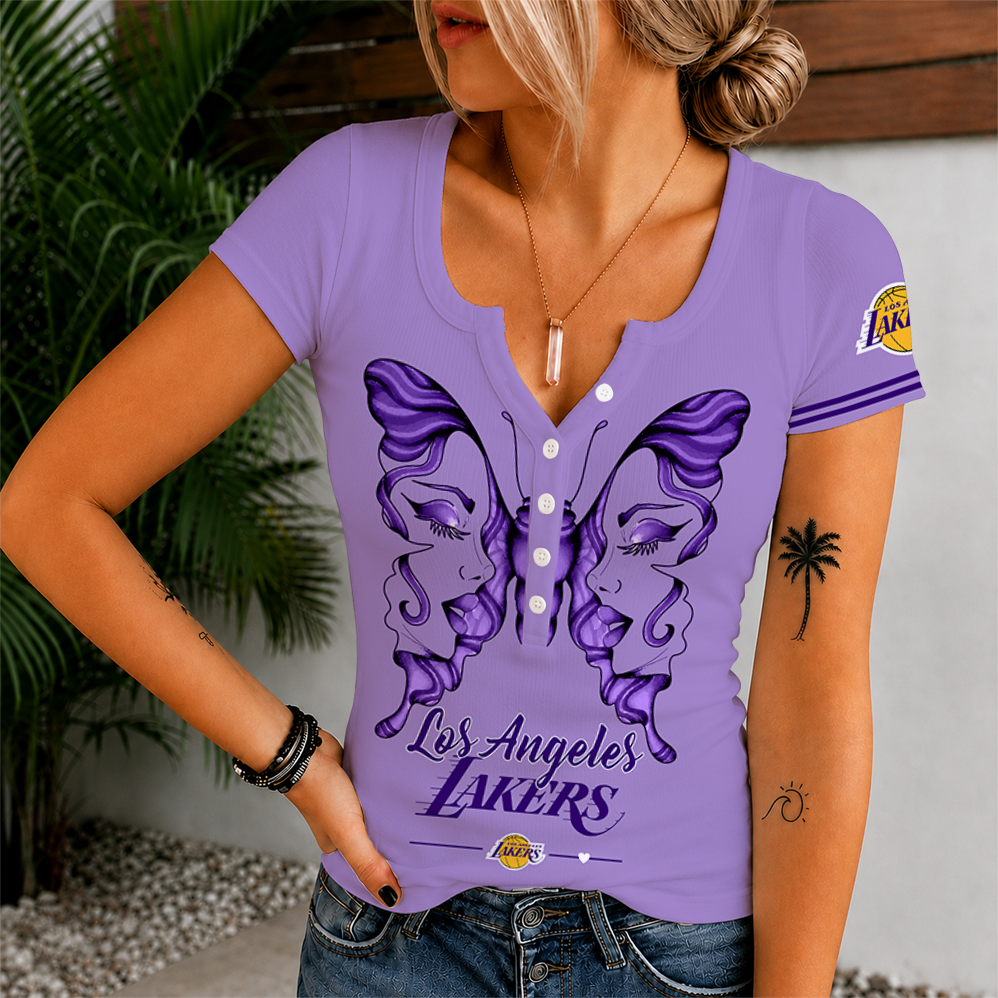 [HOT DEAL] NEW CUSTOMIZED NBA09 LLA LOS ANGELES LAKERS  WOMEN'S SHORT SLEEVE HENLEY T-SHIRT