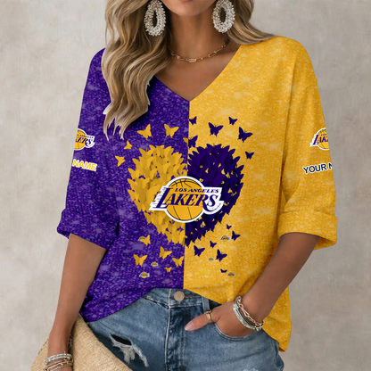 LIMITED EDITION - NEW CUSTOMIZED NBA09 LLA LOS ANGELES LAKERS WOMEN'S HEART V-NECK LONG SLEEVE SHIRT