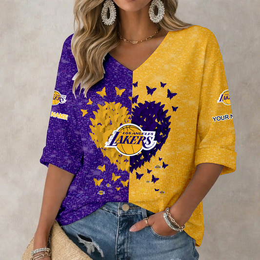 LIMITED EDITION - NEW CUSTOMIZED NBA09 LLA LOS ANGELES LAKERS WOMEN'S HEART V-NECK LONG SLEEVE SHIRT