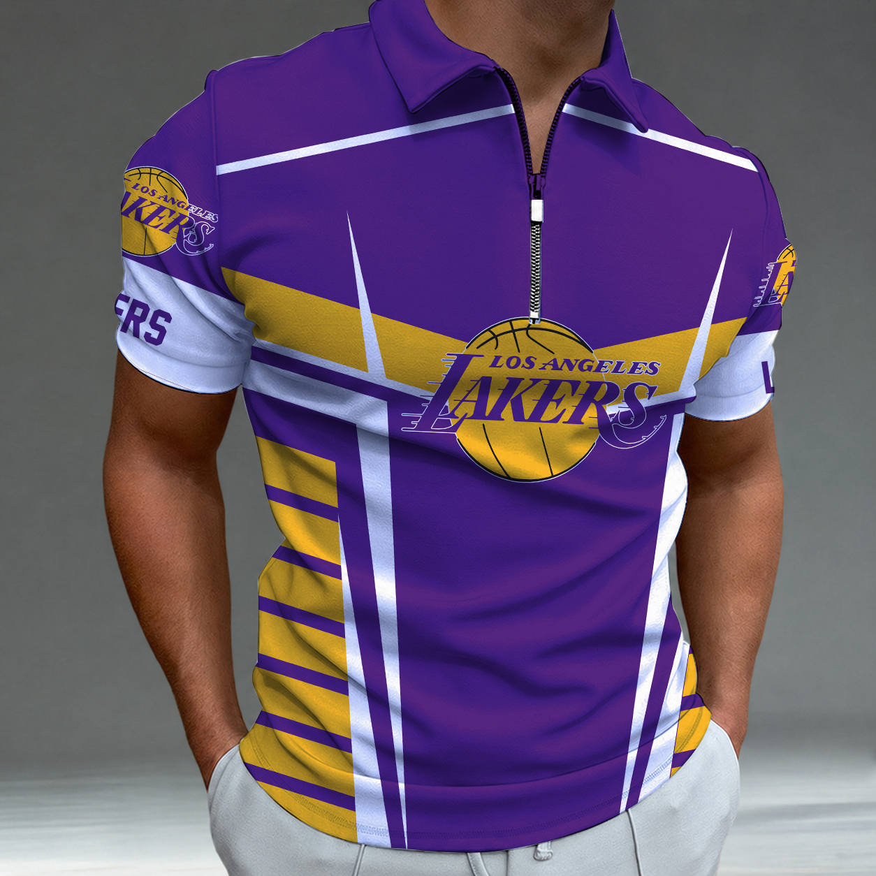 [HOT DEAL] NEW CUSTOMIZED NBA09 LLA LOS ANGELES LAKERS ZIP POLO SHIRT