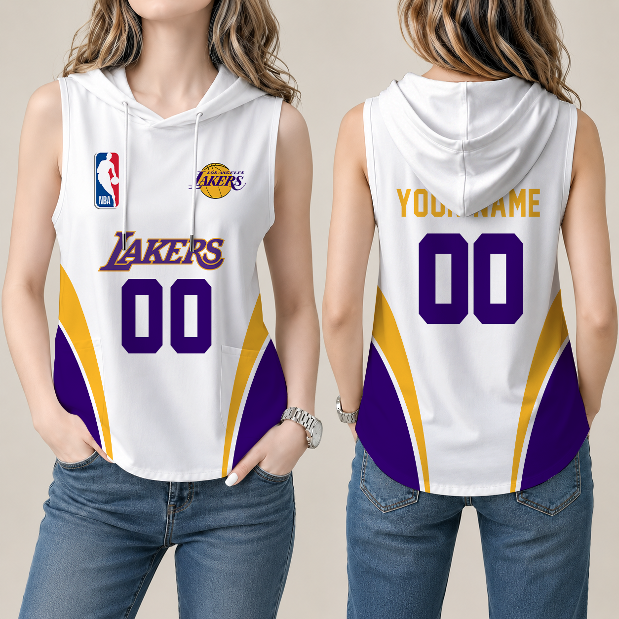 [HOT DEAL] NEW CUSTOMIZED NBA09 LLA LOS ANGELES LAKERS  WOMEN'S SLEEVELESS HOODED POCKET TANK TOP