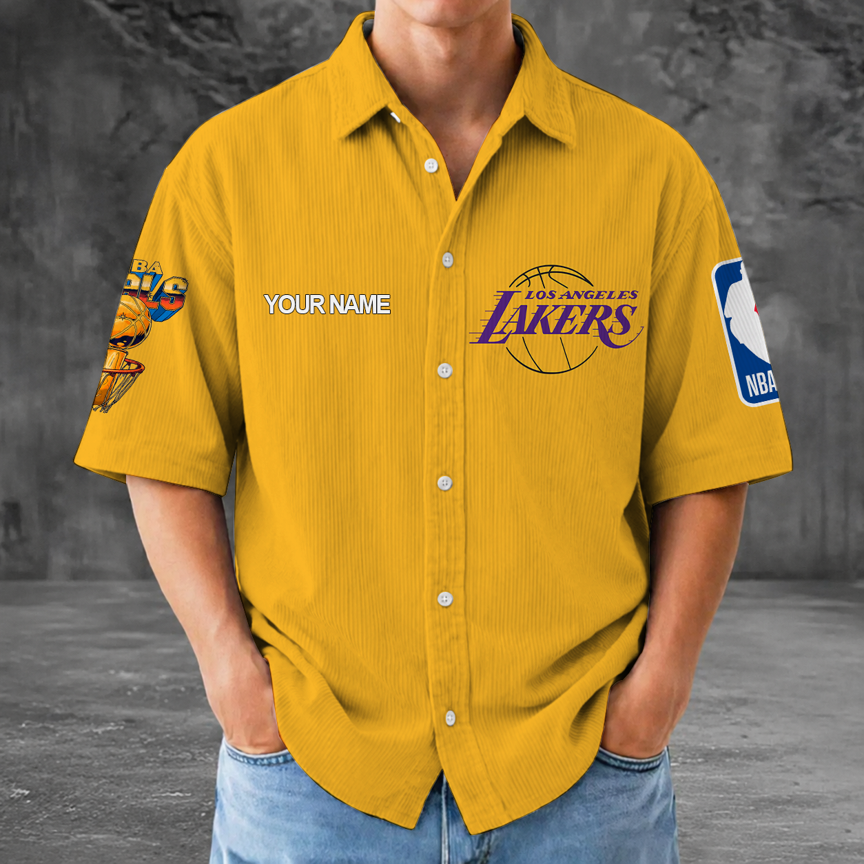 [HOT DEAL] NEW CUSTOMIZED NBA09 LLA LOS ANGELES LAKERS SEERSUCKER BUTTON SHIRT