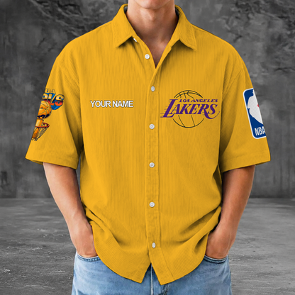 [HOT DEAL] NEW CUSTOMIZED NBA09 LLA LOS ANGELES LAKERS SEERSUCKER BUTTON SHIRT