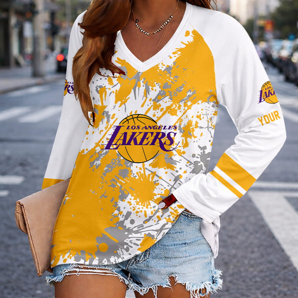 [HOT DEAL] NEW CUSTOMIZED NBA09 LLA LOS ANGELES LAKERS WOMEN'S V-NECK LONG SLEEVED SHIRT