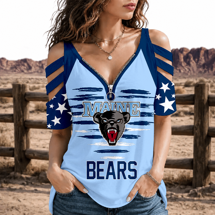 [FAN FAVORITE] NEW CUSTOMIZED NCAA MFF09 MBB MAINE BLACK BEARS STRAPPY COLD-SHOULDER TOP