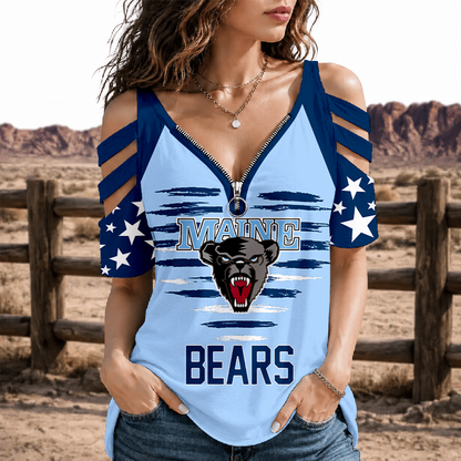 [FAN FAVORITE] NEW CUSTOMIZED NCAA MFF09 MBB MAINE BLACK BEARS STRAPPY COLD-SHOULDER TOP