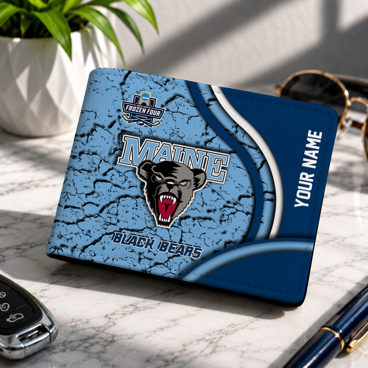 FINAL CLEARANCE - NEW CUSTOMIZED NCAA MFF09 MBB MAINE BLACK BEARS LEATHER WALLET