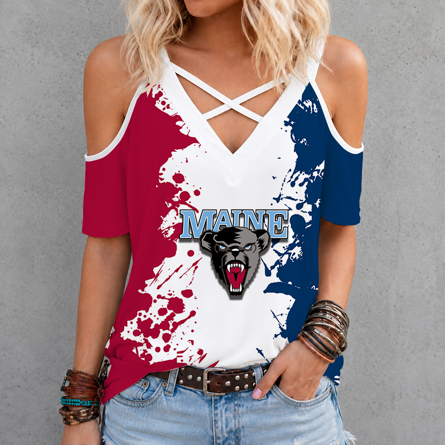 [FAN FAVORITE] NEW CUSTOMIZED NCAA MFF09 MBB MAINE BLACK BEARS CRISS CROSS V-NECK TOP