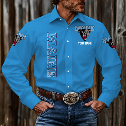 LIMITED EDITION - NEW CUSTOMIZED NCAA MFF09 MBB MAINE BLACK BEARS MEN'S LONG SLEEVE BUTTON-UP SHIRT