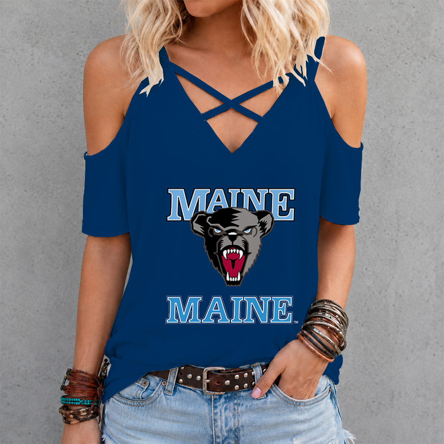 [FAN FAVORITE] NEW CUSTOMIZED NCAA MFF09 MBB MAINE BLACK BEARS CRISS CROSS V-NECK TOP