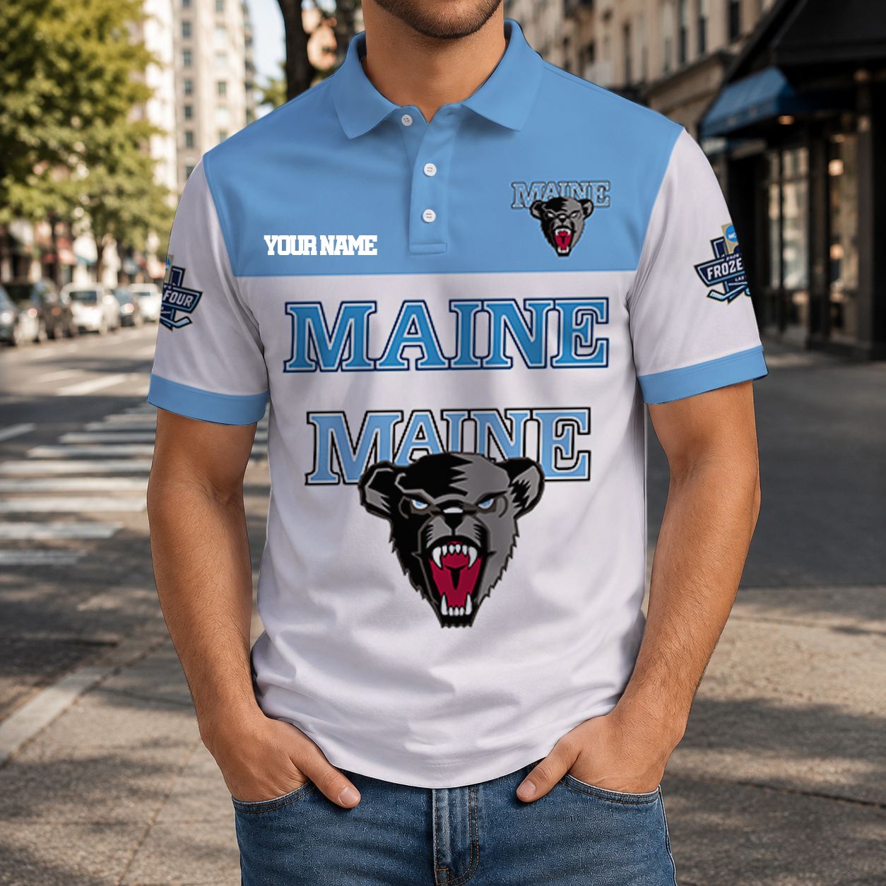 EXCLUSIVE EDITION - NEW CUSTOMIZED NCAA MFF09 MBB MAINE BLACK BEARS POLO SHIRT, ZIP POLO SHIRT & T-SHIRTS