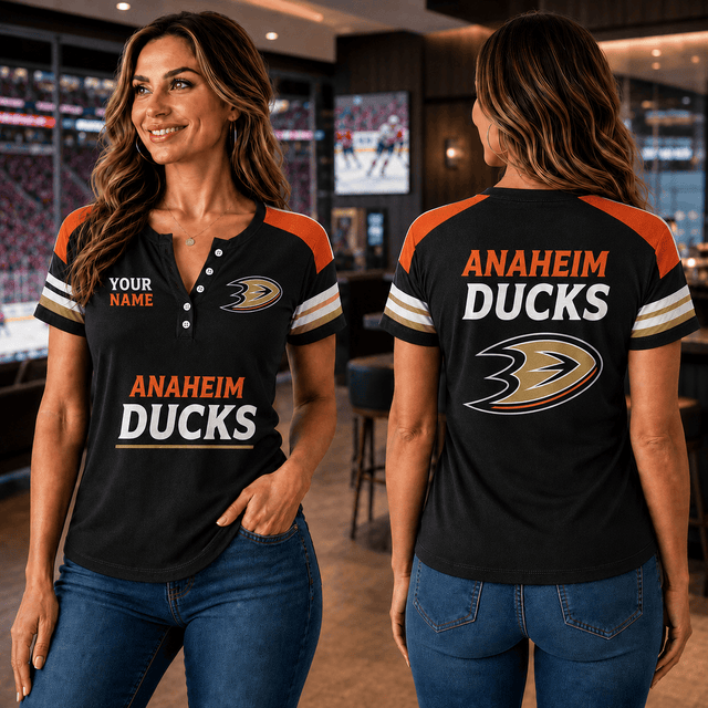 SPECIAL EDITION - NEW CUSTOMIZED NHL09 AHD ANAHEIM DUCKS WOMEN'S SHORT SLEEVE HENLEY T-SHIRT