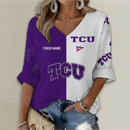 ELITE EDITION - NEW CUSTOMIZED NCAA FBS09 THF TCU HORNED FROGS WOMEN'S HEART V-NECK LONG SLEEVE SHIRT