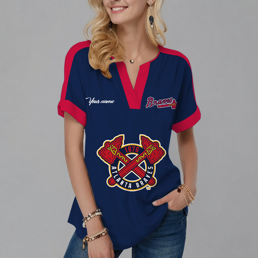[FLASH SALE] NEW CUSTOMIZED MLB09 ABS ATLANTA BRAVES V-NECK FEMALE SHIRT