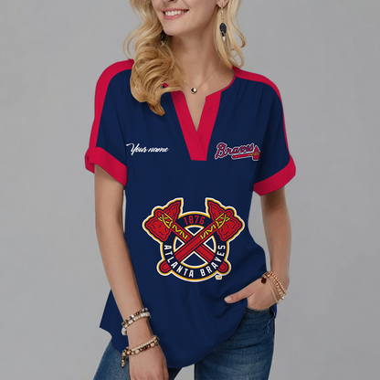 [FLASH SALE] NEW CUSTOMIZED MLB09 ABS ATLANTA BRAVES V-NECK FEMALE SHIRT