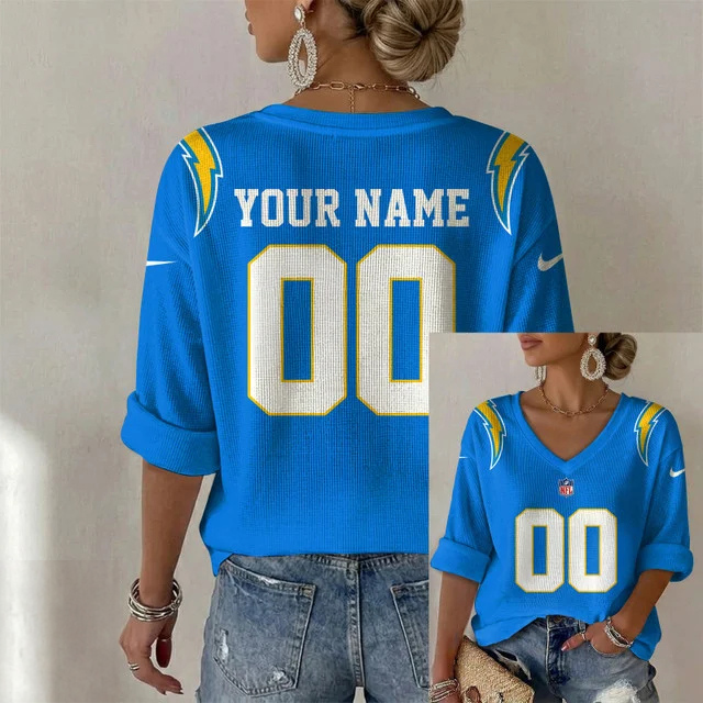 ELITE EDITION - NEW CUSTOMIZED NFL09 LAC LOS ANGELES CHARGERS WOMEN'S HEART V-NECK LONG SLEEVE SHIRT
