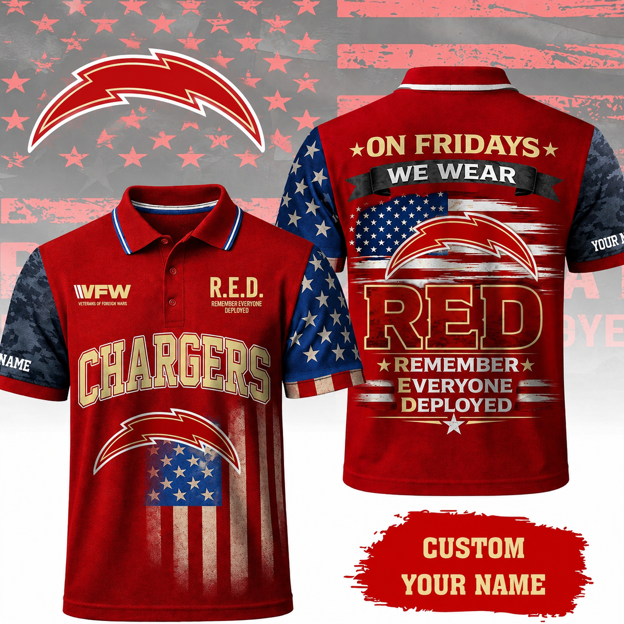 VIRAL EDITON - NEW CUSTOMIZED NFL09 LAC LOS ANGELES CHARGERS INDEPENDENCE DAY POLO SHIRT, ZIP POLO SHIRT & T-SHIRTS