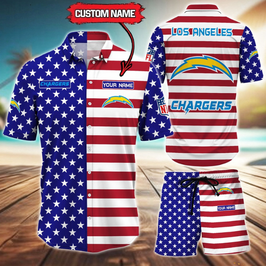 ELITE EDITION  - NEW CUSTOMIZED NFL09 LAC LOS ANGELES CHARGERS UNISEX INDEPENDENCE DAY HAWAIIAN SHIRT & SHORTS SET