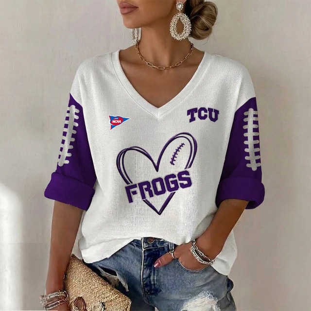 ELITE EDITION - NEW CUSTOMIZED NCAA FBS09 THF TCU HORNED FROGS WOMEN'S HEART V-NECK LONG SLEEVE SHIRT