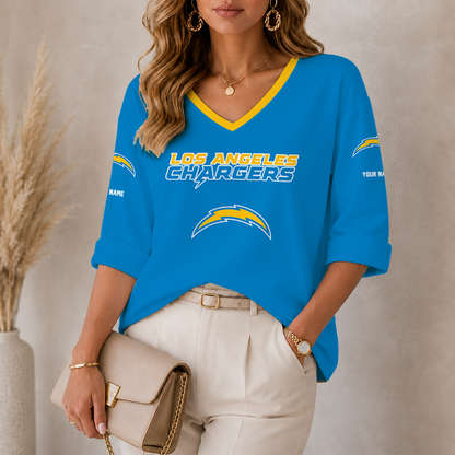 [SPECIAL OFFER] NEW CUSTOMIZED NFL09 LAC LOS ANGELES CHARGERS WOMEN'S HEART V-NECK LONG SLEEVE SHIRT